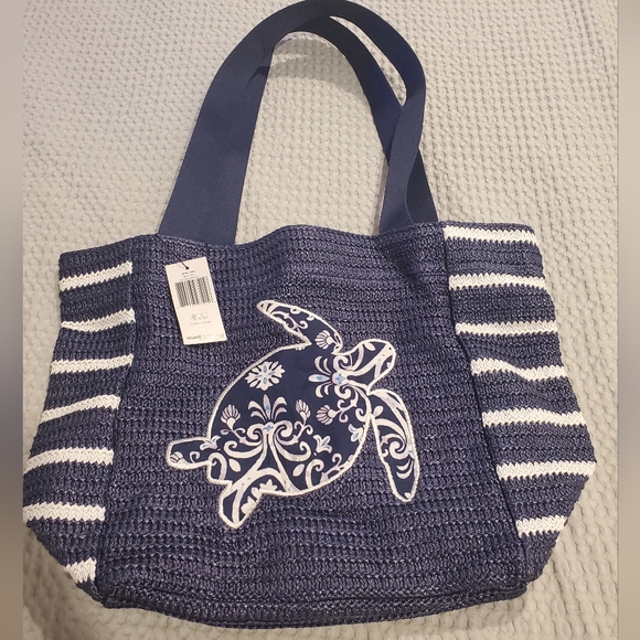 NEW! Vera Bradley Steel Blue Medallion Straw Beach Tote Bag (#13) - Picture 1 of 12